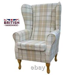 Large Highback Armchair Fireside Chair in a Balmoral Natural Tartan Cream Fabric