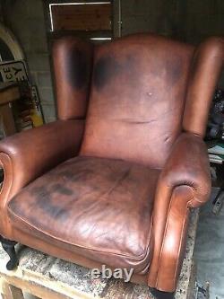 Large Vintage Leather Wingback Fireside Chair