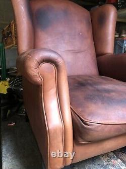 Large Vintage Leather Wingback Fireside Chair
