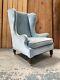 Large Vintage Victorian Wingback Fireside Armchair In Light Blue Upholstery