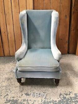 Large Vintage Victorian Wingback Fireside Armchair in Light Blue Upholstery
