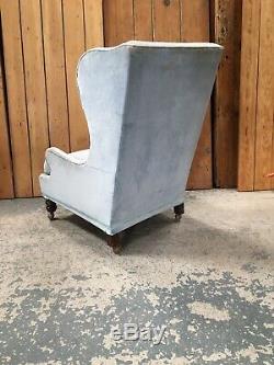 Large Vintage Victorian Wingback Fireside Armchair in Light Blue Upholstery