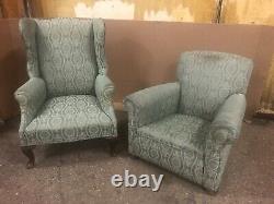 Large Vintage Wingback Fireside Chair With Matching Armchair