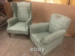 Large Vintage Wingback Fireside Chair With Matching Armchair