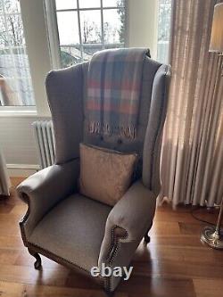 Large high-backed wing fireside chairs x 2, grey herringbone wool with footstool