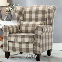 Latte Tartan Fabric High Back Chair/ Fireside Armchair Winged Sofa Occasional Uk