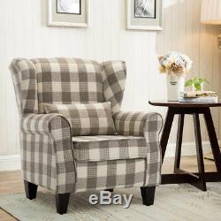 Latte Tartan Fabric High Back Chair/ Fireside Armchair Winged Sofa Occasional Uk