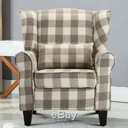 Latte Tartan Fabric High Back Chair/ Fireside Armchair Winged Sofa Occasional Uk