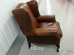 Laura Ashley'denbigh' Armchair Distressed Brown Leather Wing Back, Fireside