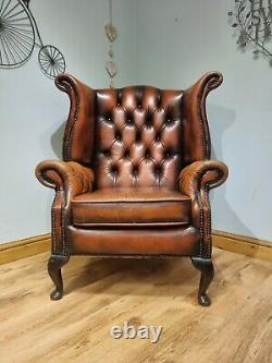 Leather Chesterfield Armchair Wing Back Fireside Chair Tan Burnt Orange Sofa