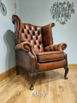 Leather Chesterfield Armchair Wing Back Fireside Chair Tan Burnt Orange Sofa