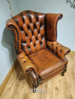 Leather Chesterfield Armchair Wing Back Fireside Chair Tan Burnt Orange Sofa