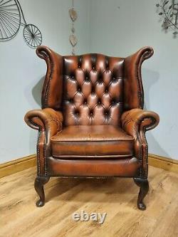 Leather Chesterfield Armchair Wing Back Fireside Chair Tan Burnt Orange Sofa