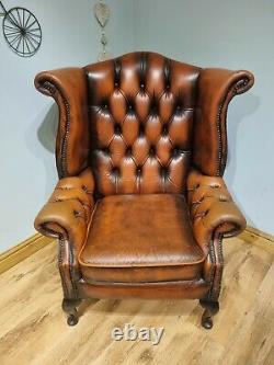 Leather Chesterfield Armchair Wing Back Fireside Chair Tan Burnt Orange Sofa