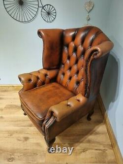 Leather Chesterfield Armchair Wing Back Fireside Chair Tan Burnt Orange Sofa