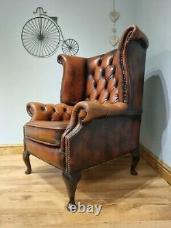Leather Chesterfield Armchair Wing Back Fireside Chair Tan Burnt Orange Sofa