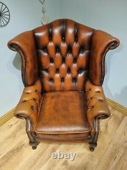 Leather Chesterfield Armchair Wing Back Fireside Chair Tan Burnt Orange Sofa