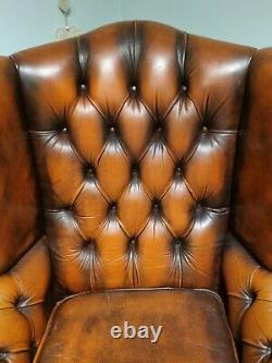 Leather Chesterfield Armchair Wing Back Fireside Chair Tan Burnt Orange Sofa