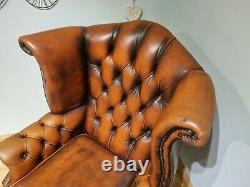 Leather Chesterfield Armchair Wing Back Fireside Chair Tan Burnt Orange Sofa