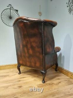 Leather Chesterfield Armchair Wing Back Fireside Chair Tan Burnt Orange Sofa