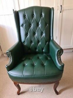 Leather Chesterfield fireside check fabric wing back chair