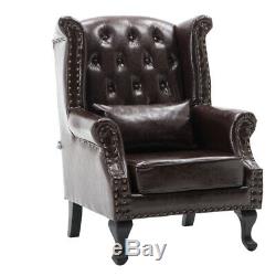 Leather Stud Chesterfield Wing Back Queen Anne Fireside Armchair Sofa Chair Seat