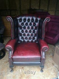 Leather Wing Back Chair Chesterfield Queen Anne Deep Button Fireside Oxblood Red