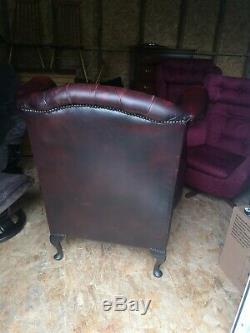 Leather Wing Back Chair Chesterfield Queen Anne Deep Button Fireside Oxblood Red