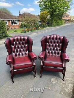 Leather chesterfield Oxblood red Queen Anne fireside chairs CAN DELIVER