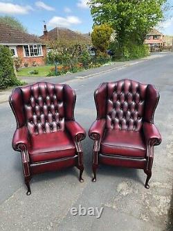 Leather chesterfield Oxblood red Queen Anne fireside chairs CAN DELIVER