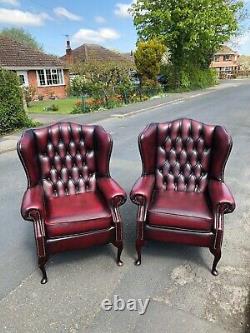 Leather chesterfield Oxblood red Queen Anne fireside chairs CAN DELIVER