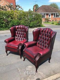 Leather chesterfield Oxblood red Queen Anne fireside chairs CAN DELIVER