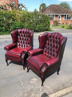 Leather chesterfield Oxblood red Queen Anne fireside chairs CAN DELIVER