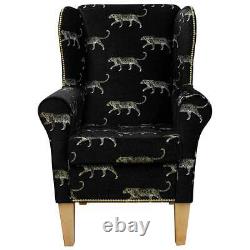 Leopard Velvet Wingback Armchair Fireside Handmade Black Gold Luxury Fabric
