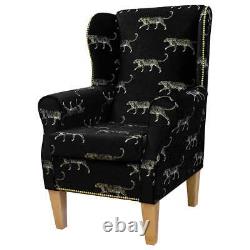 Leopard Velvet Wingback Armchair Fireside Handmade Black Gold Luxury Fabric