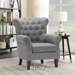 Linen Chesterfield Wing Back Chair Rivet Armchair Bedroom Lounge Fireside Sofa