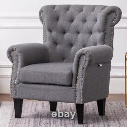 Linen Chesterfield Wing Back Chair Rivet Armchair Bedroom Lounge Fireside Sofa