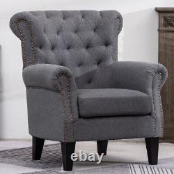 Linen Chesterfield Wing Back Chair Rivet Armchair Bedroom Lounge Fireside Sofa