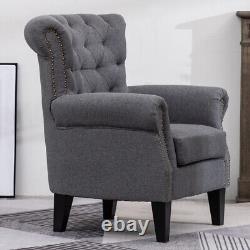 Linen Chesterfield Wing Back Chair Rivet Armchair Bedroom Lounge Fireside Sofa