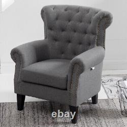 Linen Chesterfield Wing Back Chair Rivet Armchair Bedroom Lounge Fireside Sofa