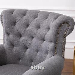 Linen Chesterfield Wing Back Chair Rivet Armchair Bedroom Lounge Fireside Sofa