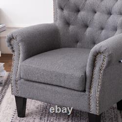 Linen Chesterfield Wing Back Chair Rivet Armchair Bedroom Lounge Fireside Sofa