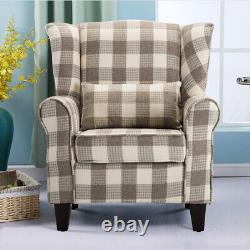 Linen Fabric Armchair Tartan Wingback Occasional Living Room Fireside Sofa Chair