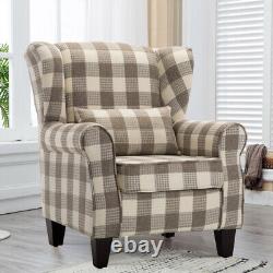 Linen Fabric Armchair Tartan Wingback Occasional Living Room Fireside Sofa Chair