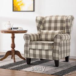 Linen Fabric Armchair Tartan Wingback Occasional Living Room Fireside Sofa Chair