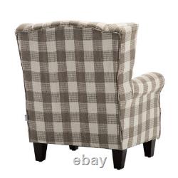 Linen Fabric Armchair Tartan Wingback Occasional Living Room Fireside Sofa Chair