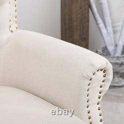 Linen Fabric Chesterfield High Back Wing Chair Fireside Armchair Button Studded