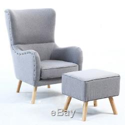 Linen Fabric Upholstered Wing Back Armchair Chair and Footstool Lounge Fireside