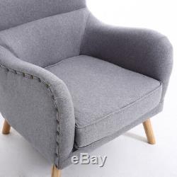 Linen Fabric Upholstered Wing Back Armchair Chair and Footstool Lounge Fireside
