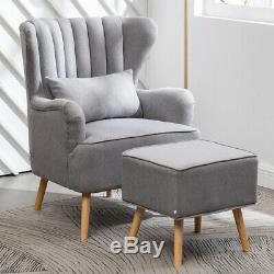 Linen Fabric Wingback Armchair Upholstered Fireside Sofa Chair with Footstool